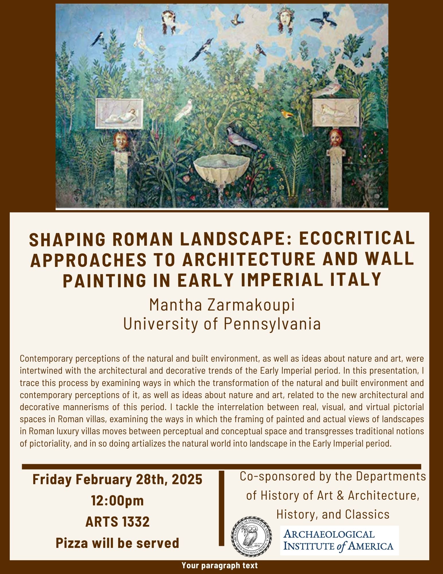 Mantha Zarmakoupi (University of Pennsylvania), “Shaping Roman Landscape: Ecocritical Approaches to Architecture and Wall Painting in Early Imperial Italy” @ Arts 1332